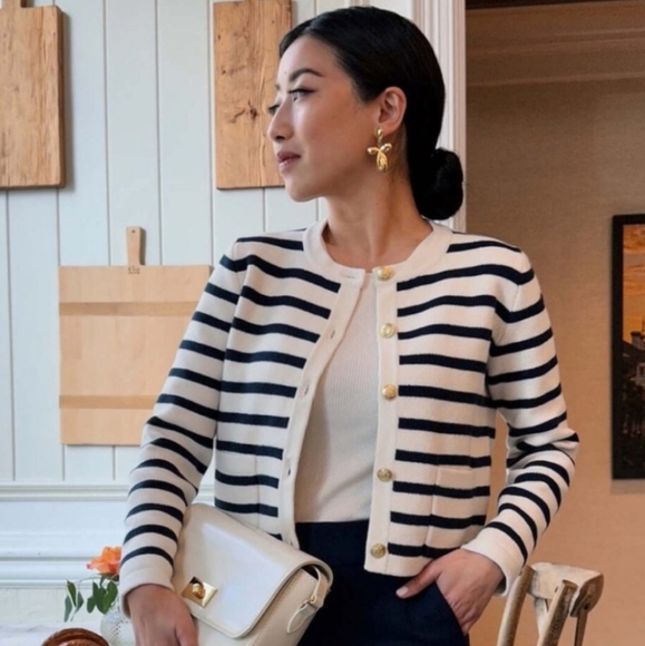 J.Crew Emilie Lady Jacket Cardigan Navy Stripe coastal Cotton 3X Nautical Chic - Picture 3 of 15